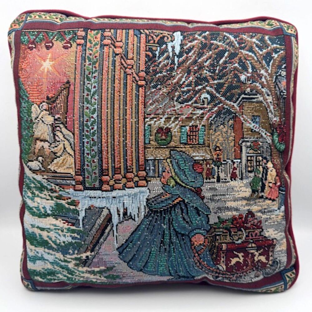Victorian Christmas Tapestry Pillow Multicolor 12x12 Square VTG Holiday Accent